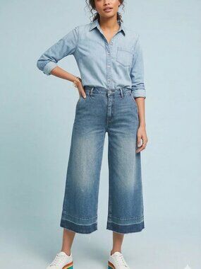 Reiko Nathan Wide Leg Cropped Jeans Raw Hem Blue Denim Size 27